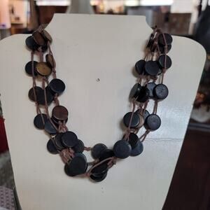 Vintage Costume Jewelry Layered Wooden Disc Beaded Cord Necklace Layered Choker